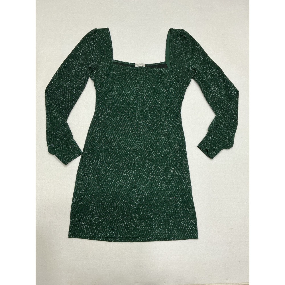 Xtraordinary Womens M Green Metallic Glitter Puff Sleeve Mini Dress Holiday